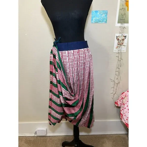 Women's Pleated Midi Skirt Size Large, Green, Red - Picture 3 of 7